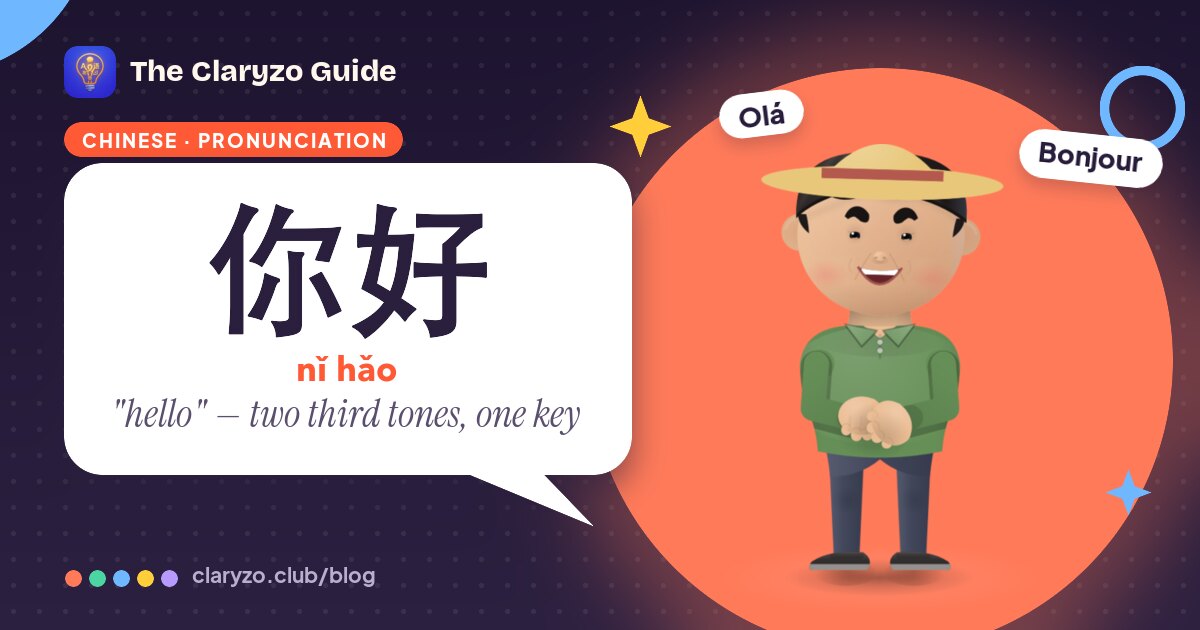 Illustrated cover: Wei from the Claryzo app beside a speech bubble reading "你好" (nǐ hǎo) - "hello" — two third tones, one key.