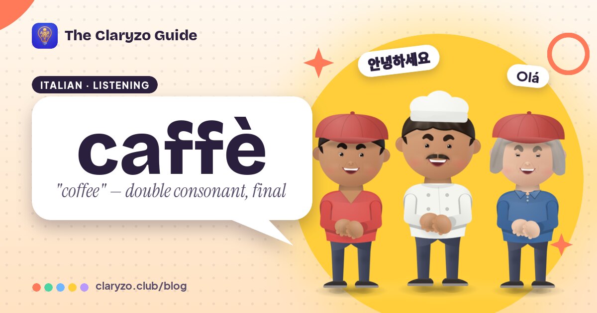 Illustrated cover: Chef Marco, Rio and Petra from the Claryzo app beside a speech bubble reading "caffè" - "coffee" — double consonant, final.